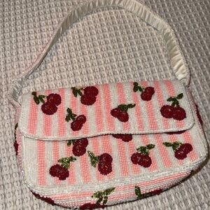 Cherry Embroidered Pink and White Handbag